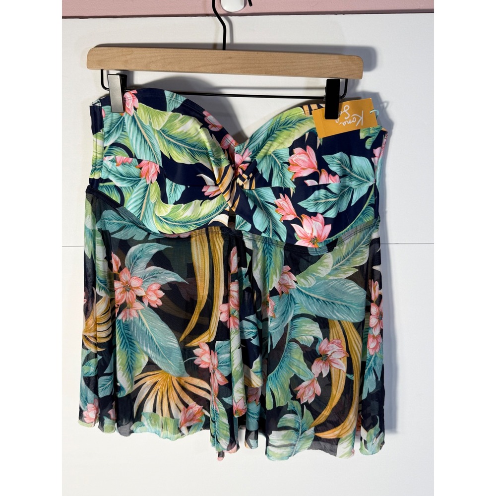 Kona Sol Tropical Floral Mesh Flyaway Tankini Top Navy XL 16-18 NWT